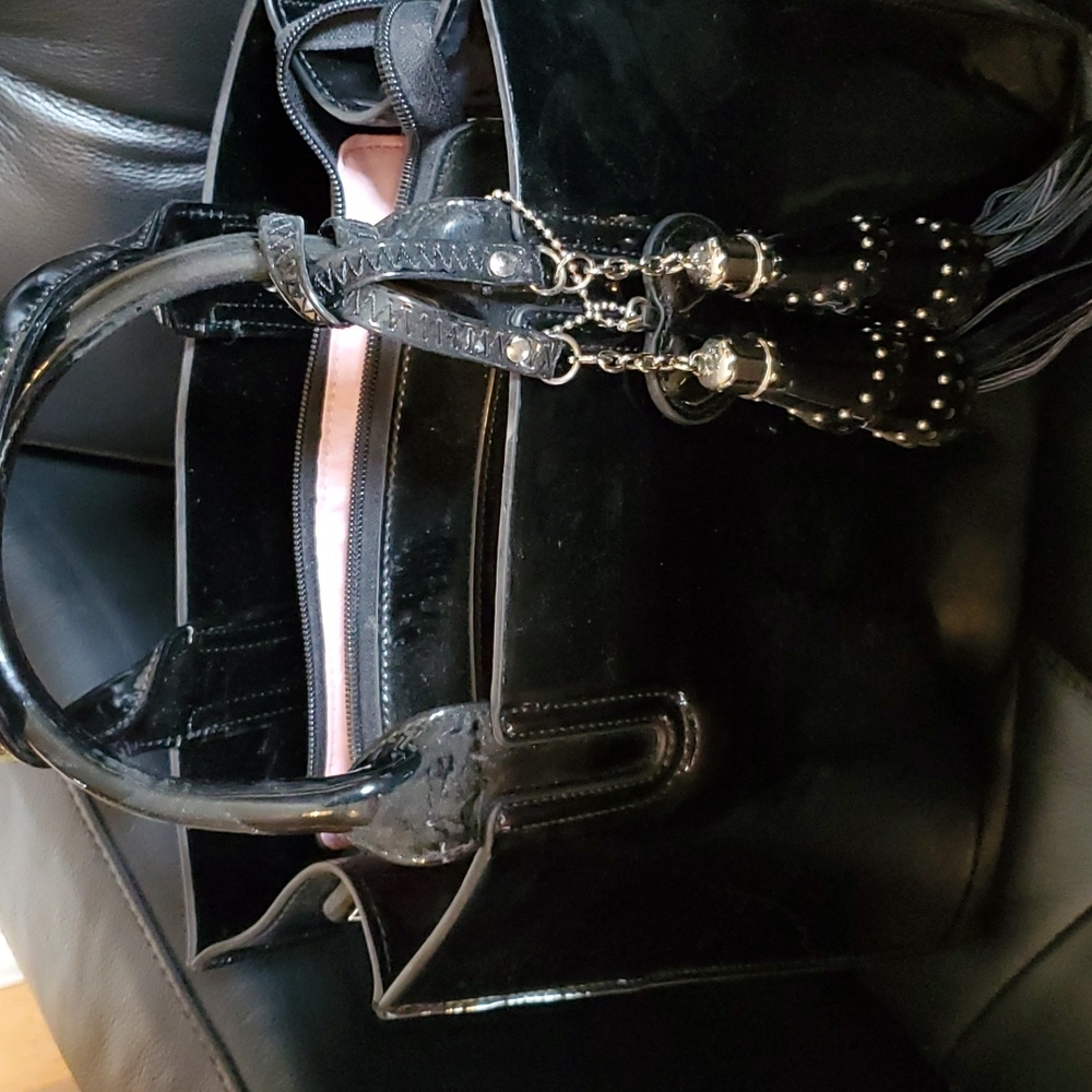 Black patent handbag with shoulder strap